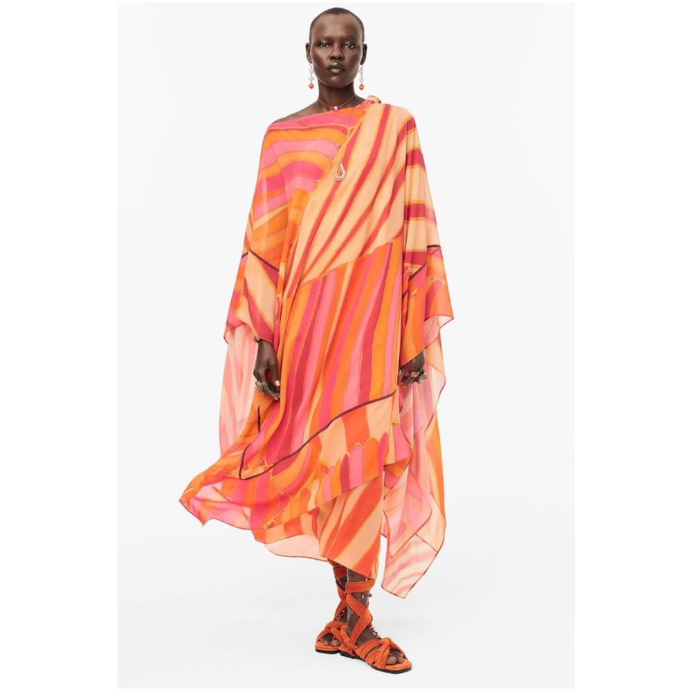 Zara Limited Edition Blogger Favorite Abstract Chiffon Oversized Poncho Orange S - Picture 2 of 13